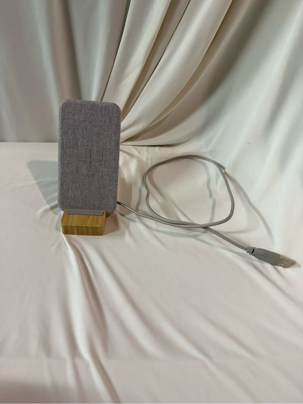IKEA Gray Fabric Wireless Charging Stand with Wood Base